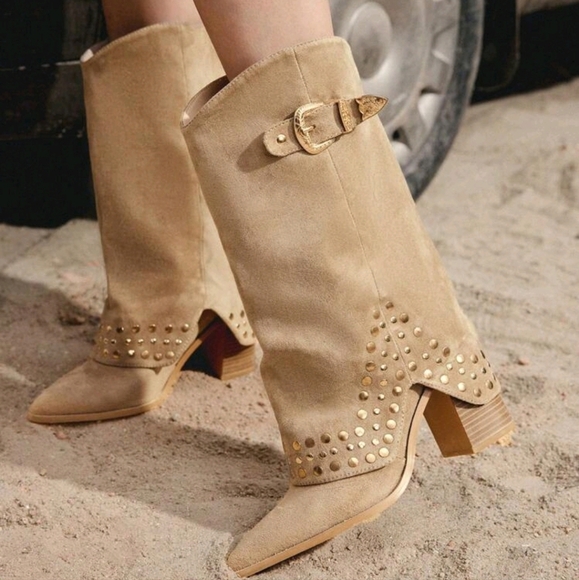 Women's Motorcycle Western Cowboy Boots Rivet Decoration Punk Style Dating - Picture 1 of 6